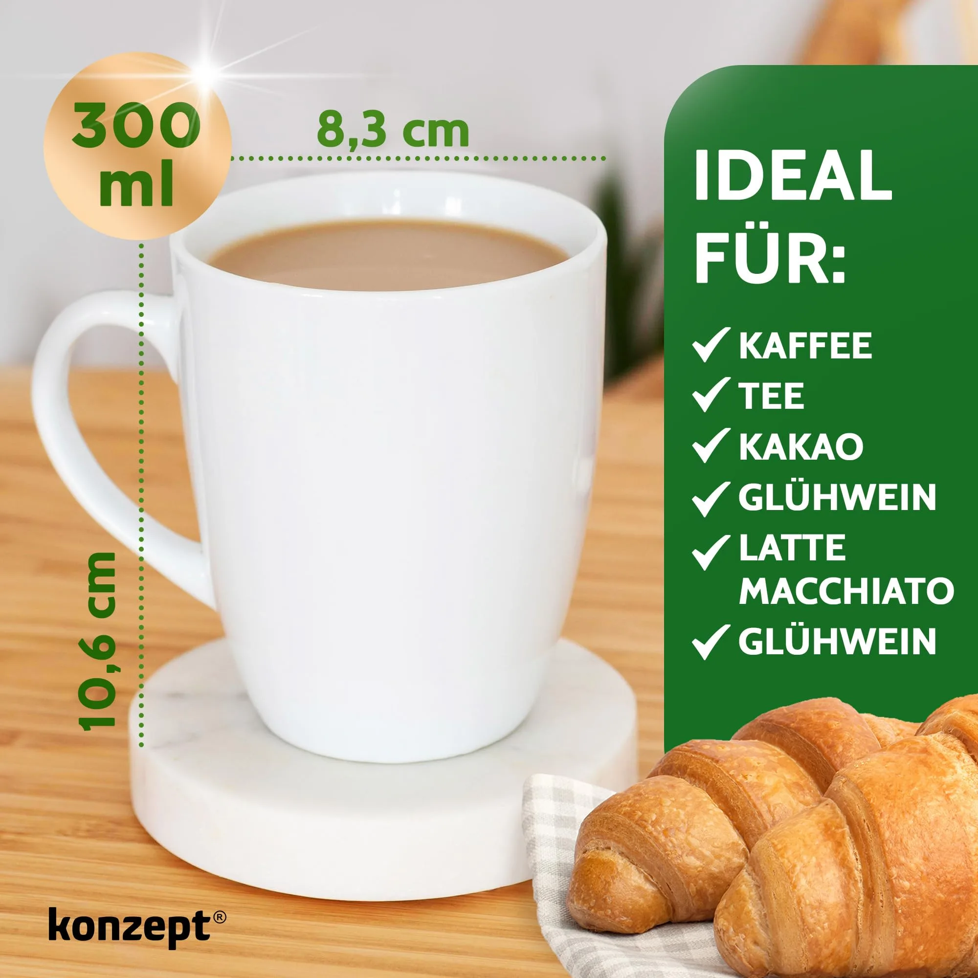 Kaffeebecher aus Porzellan 300 ml, Kaffeetassen Set 6er, Tassen zum Bemalen mit Henkel, Teetassen in Weiß