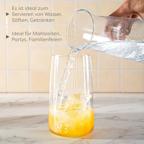 Gläser Set 6 teilig mit Rillenstruktur (480 ml), Trinkgläser hohe Qualität und elegantes Design, leicht & stabil, ideal für kalte Getränke, spülmaschinenfest