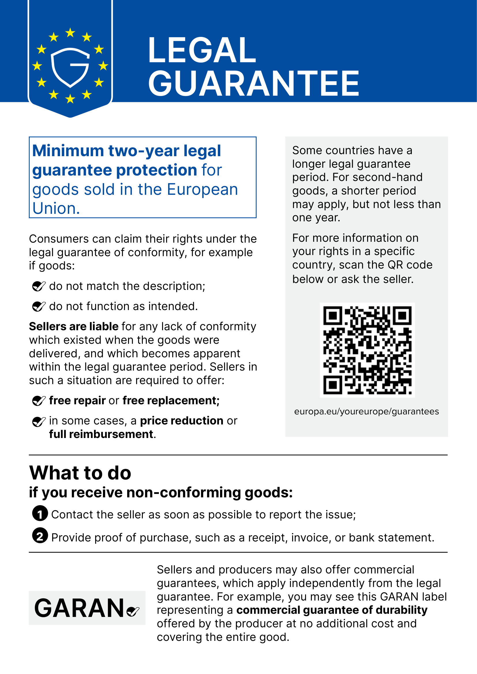 Legal guarantee: notice of the European Union, the text is below