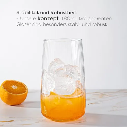 Gläser Set 6 teilig mit Rillenstruktur (480 ml), Trinkgläser hohe Qualität und elegantes Design, leicht & stabil, ideal für kalte Getränke, spülmaschinenfest