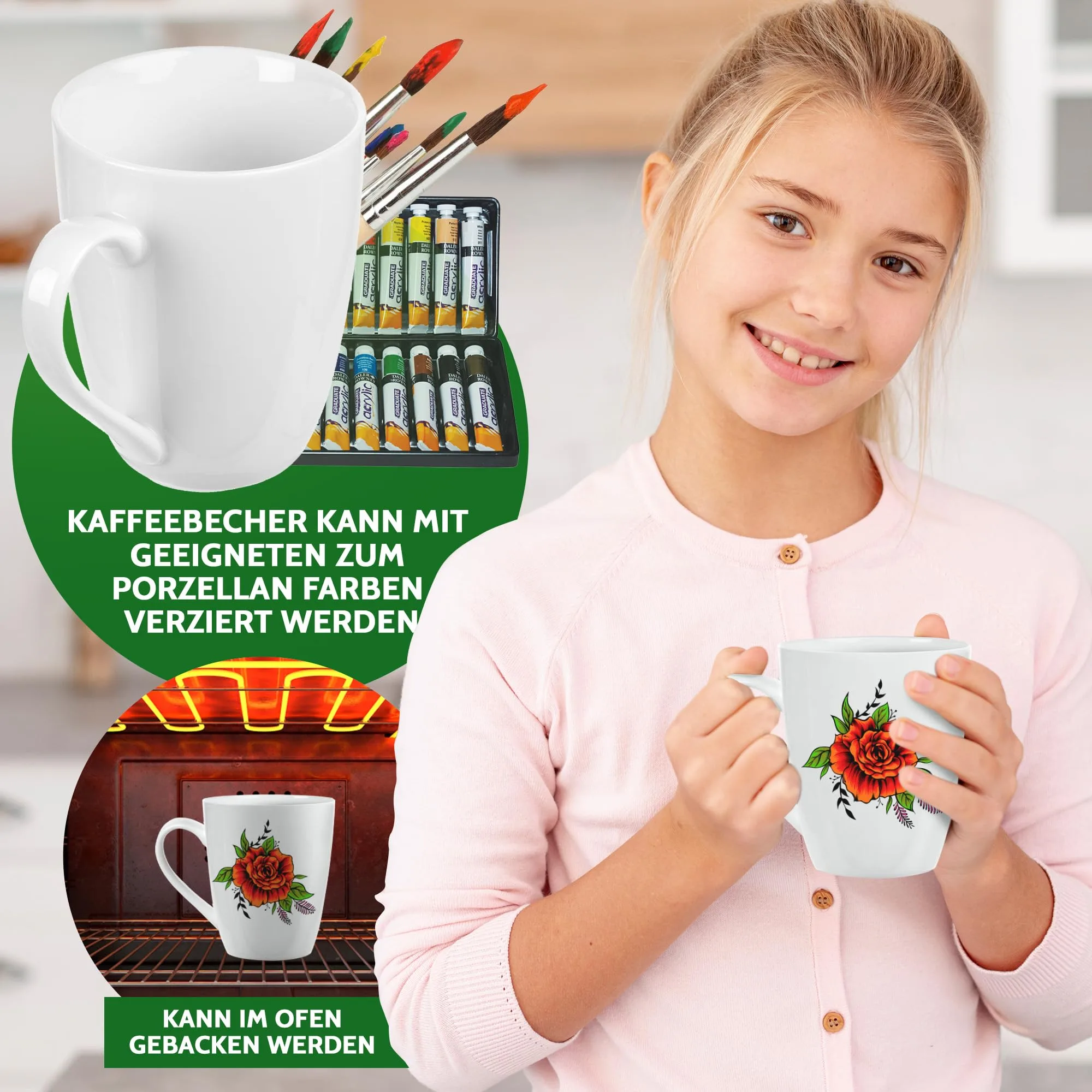 Kaffeebecher aus Porzellan 300 ml, Kaffeetassen Set 6er, Tassen zum Bemalen mit Henkel, Teetassen in Weiß
