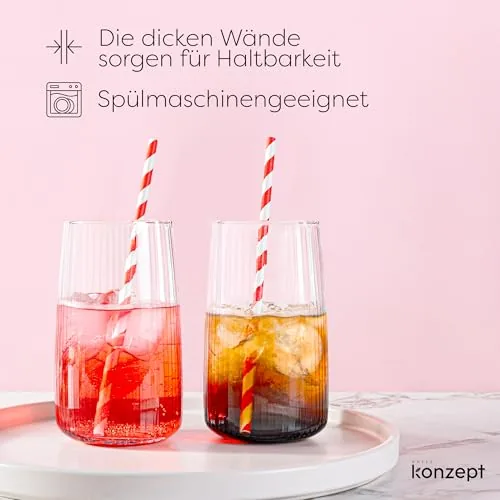 Gläser Set 6 teilig mit Rillenstruktur (480 ml), Trinkgläser hohe Qualität und elegantes Design, leicht & stabil, ideal für kalte Getränke, spülmaschinenfest