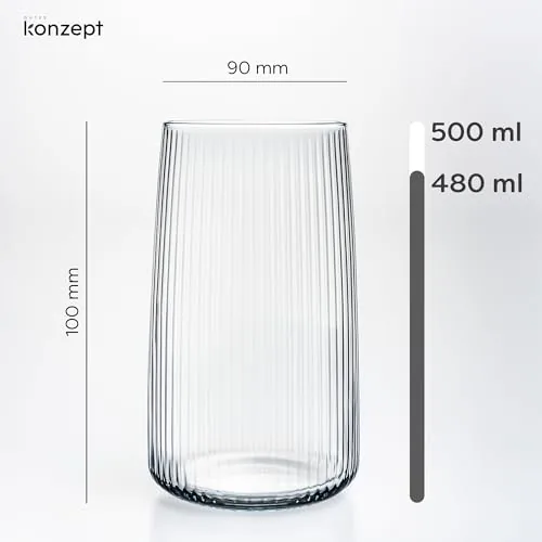 Gläser Set 6 teilig mit Rillenstruktur (480 ml), Trinkgläser hohe Qualität und elegantes Design, leicht & stabil, ideal für kalte Getränke, spülmaschinenfest