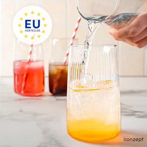Gläser Set 6 teilig mit Rillenstruktur (480 ml), Trinkgläser hohe Qualität und elegantes Design, leicht & stabil, ideal für kalte Getränke, spülmaschinenfest