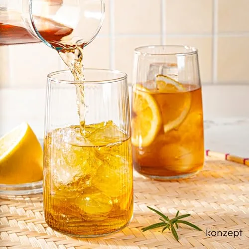 Gläser Set 6 teilig mit Rillenstruktur (480 ml), Trinkgläser hohe Qualität und elegantes Design, leicht & stabil, ideal für kalte Getränke, spülmaschinenfest