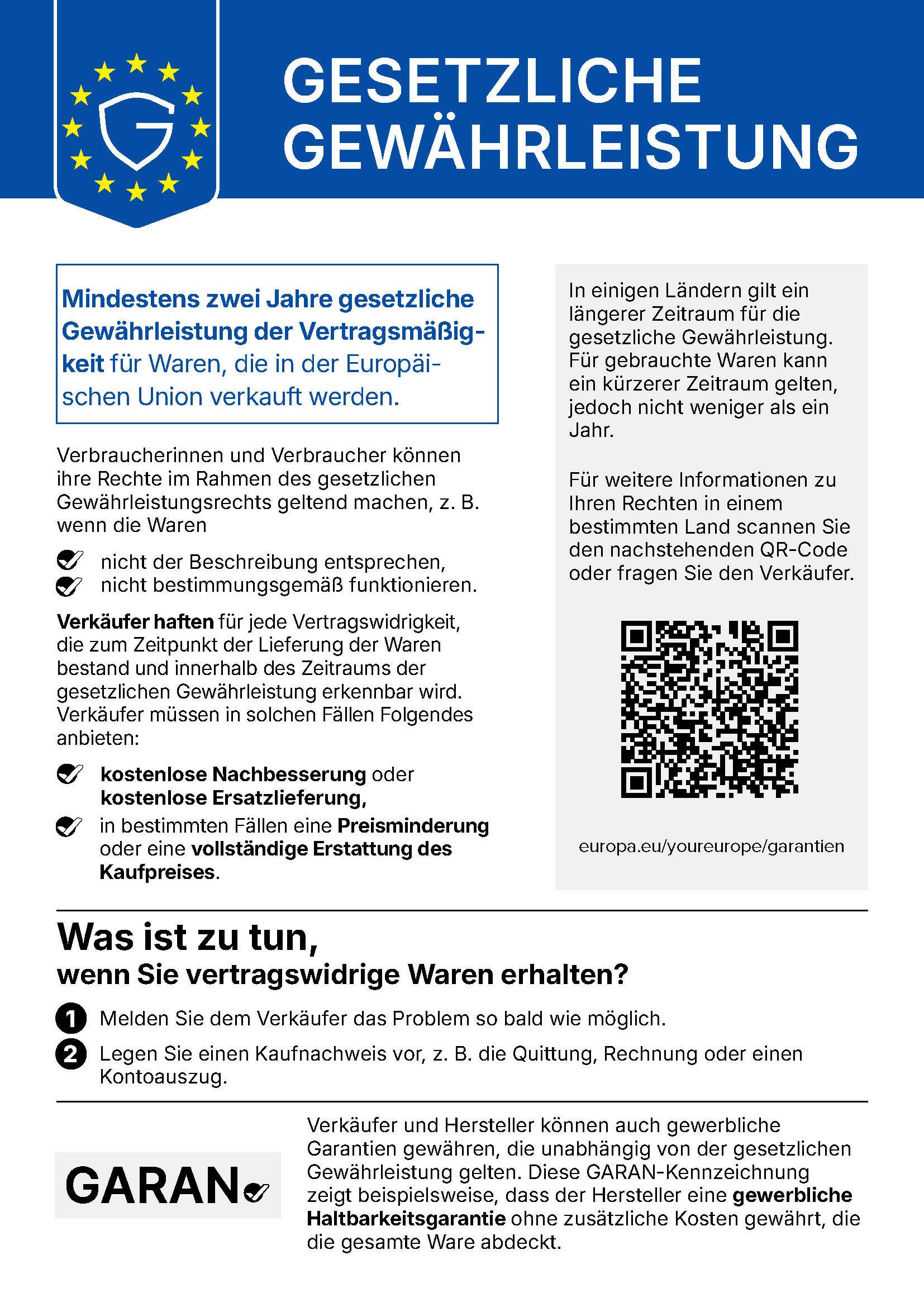 Gesetzliche Gewährleistung: Hinweis der Europäischen Union, der Text steht darunter